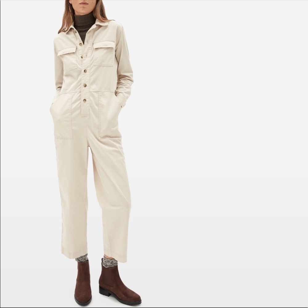 EVERLANE The Modern Jumpsuit Long Sleeve Button Down Waist Tie Beige Tan US 6